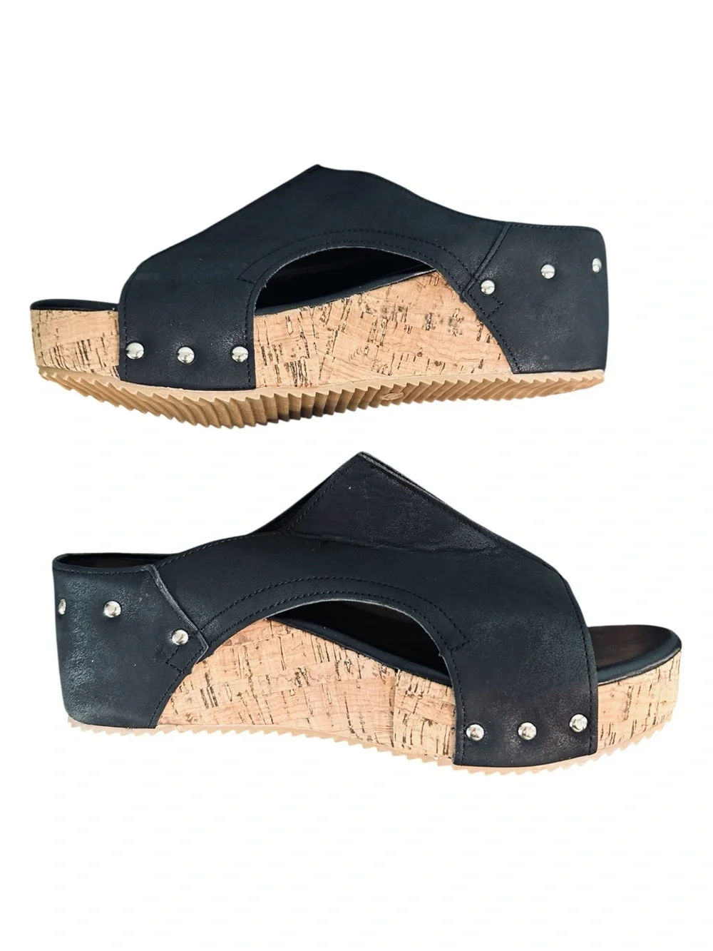 Black Cork Wedge Sandals - Women